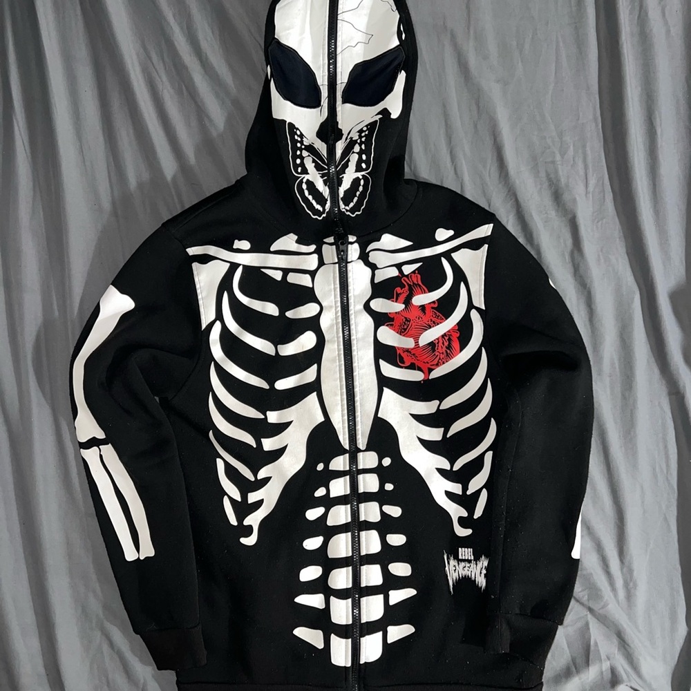 rebels Black Zip-Up Hoodie with White Skeleton Print and Red Heart Accent